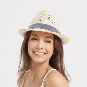 Cappello Jazz a tesa corta fatto a mano con trama aperta personalizzabile moderno elegante e morbido in carta Beige 5Pu