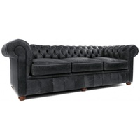 Sofá Chesterfield de Cuero Genuino Negro |   Sofá de Tres Plazas Estilo Europeo Moderno de Mediados de Siglo para Salón, Hotel o Apartamento, Mango