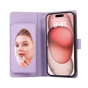 Voor Iphone 15 Portemonnee Case Met Polsband Flip Lederen Make-Up Spiegel Decoratie Telefoonhoesje