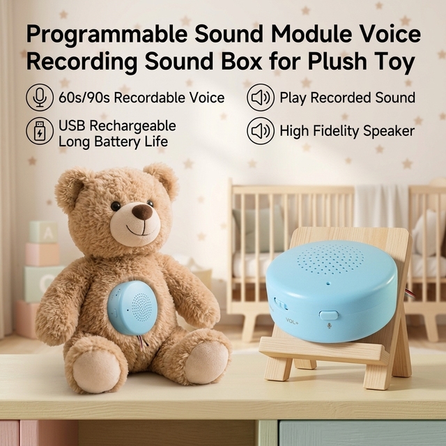 OEM Customize Plush Toy Round Voice Recorder Rechargeable Recordable Sound Box Sound Recorders Stuffed Animals Speaker