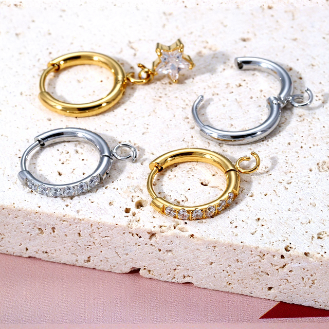 New Stainless Steel CZ Hoop Earring Findings with Bail Semi-Finished DIY Earring Components for Pendant Charms