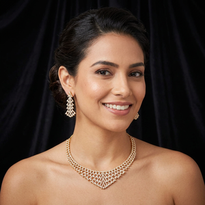 Luxury Gold Plated Brass Cubic Zirconia Jewelry Set Geometric CZ V Shape <b>Statement</b> <b>Necklace</b> Long Drop Earrings Set - Product Image 1