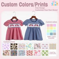 Robe d'été patriotique pour filles, motif gingham, manches bouffantes, broderie drapeau américain, pour tout-petits, robe personnalisée en coton pour enfants