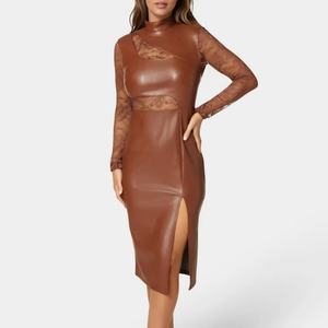 เดรสแฟชั่นฤดูใบไม้ร่วงปี 2025 ดีไซน์เซ็กซี่ หนัง PU ทรงเอ สมมาตร แต่งระบายเลียนแบบผ้ารุ้ง ทรงเข้ารูป สไตล์ลำลองสำหรับผู้หญิง - Product Image 1