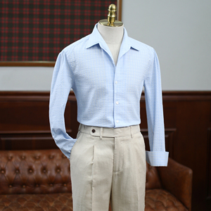 Camicie Seersucker da Uomo, Camicia a Quadri Business Casual, Abbigliamento Estivo da Resort, Colletto Unico, Spalle Arricciate, Premium - Product Image 4
