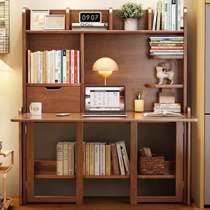 Solid Wood Folding <b>Desk</b> With Bookshelf Extendable Storage Study <b>Desk</b> For Bedroom <b>Small</b> Apartment Computer <b>Desk</b> Simple Office - Product Image 3