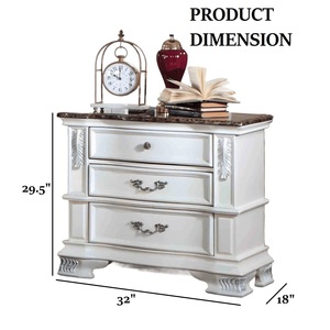 Table de chevet de style traditionnel avec plateau en marbre, tiroirs à queue de pie, finition blanc nacré, meubles de chambre à coucher - Product Image 4