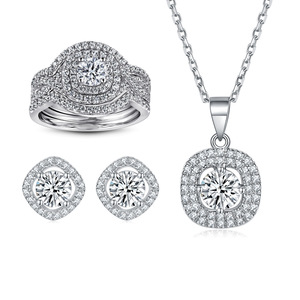 Trendy 925 Silver Rhodium Plated Stackable CZ <b>Ring</b> Necklace Earrings <b>Set</b> Simple Geometric Zirconia Jewelry for <b>Women</b> Gift Party - Product Image 1