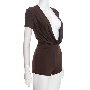 Combinaison décontractée pour femme Viviblook D25RP581, best-seller, couleur unie, coupe ajustée, sexy, col en V profond, manches courtes, combinaison moulante - Product Image 4