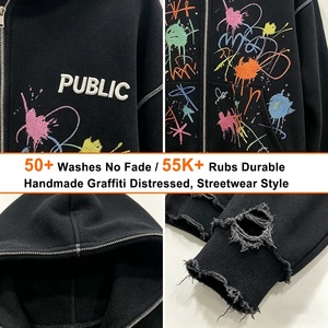 Sweat-shirts à capuche personnalisés OEM de haute qualité avec broderie plate et fils contrastants, style graffiti vieilli, fermeture éclair intégrale pour hommes – Collection Automne - Product Image 2