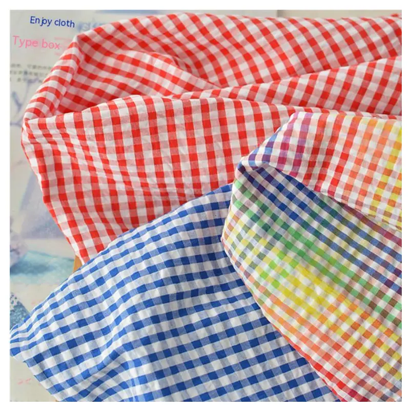 Light Weight Polyester/Cotton Blended Check Knitted Seersucker Fabric for Shirts