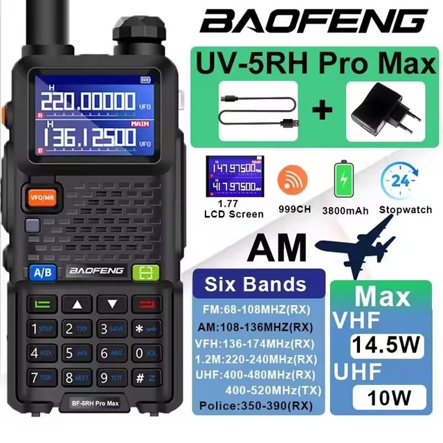 UV-5RH Pro Max Air Band 10W AM FM Radio Six Band 65-520MHz UV-5RM Ham Radio Frequency UV-5RH Pro