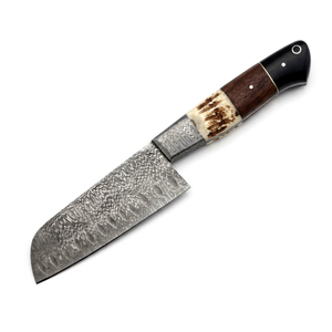 Cuchillo de cocina artesanal de acero damasco ondulado con mango de cuerno de ciervo y nogal, cuchillería de filo afilado - Product Image 1