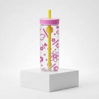 Bouteille d'eau en Tritan rose de 25 oz pour enfants, sans BPA, anti-fuite, avec paille, motif floral cœur, personnalisable OEM, compatible lave-vaisselle - Vente en gros