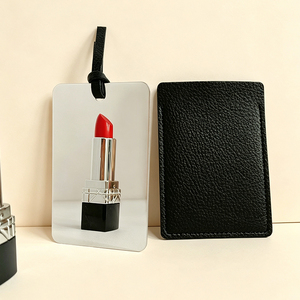 Luggage Tag Style Stainless Steel Pocket <strong>Mirror</strong> Black PU <strong>Leather</strong> Sleeve Hanging <strong>Strap</strong> Shatterproof HD Travel Makeup <strong>Mirror</strong> - Product Image 1