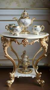 Tabouret rond en teck antique doré, artisanal, en bois massif, meuble décoratif pour salon - Product Image 2