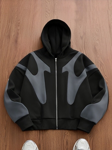 Sweat-shirt à capuche zippé pour homme, noir et blanc, en polyester, brodé, respirant, avec empiècements contrastants, style streetwear décontracté - Product Image 4
