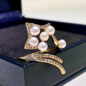Double Freshwater Pearl Open Ring Handmade K Gold Color Five-Pointed Star Fashion Pop <b>Simple</b> Design - Product Image 2