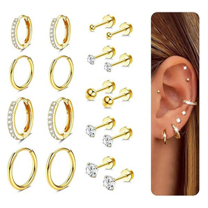 12pairs/set Trendy Gold Plated Stainless Steel Zircon Stud <strong>Earrings</strong> Sensitive Hypoallergenic <strong>Flat</strong> <strong>Hoop</strong> Cartilage Women Jewelry - Product Image 1