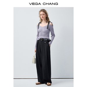 Suéter de Punto de Lana con <span class=keywords><strong>Cuello</strong></span> en V y Hombros Descubiertos para Mujer, Estilo Suave, Color <span class=keywords><strong>Lila</strong></span> con Lazos Negros, <span class=keywords><strong>Cuello</strong></span> <span class=keywords><strong>Alto</strong></span>, Marca VEGA CHANG, Nueva Colección de Primavera - Product Image 3
