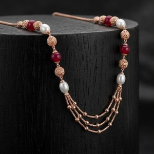 Collar Mala Italiano de Plata 925 con Acabado en Oro Rosa, Perla Roja, Cadena de Diseño Multicapa, Joyería para Mujer - Product Image 4