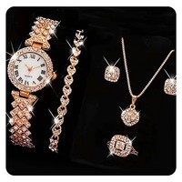 Ensemble de montres élégantes pour femmes en or et diamants, montre-bracelet à quartz tendance avec collier, bracelet, bague, boucles d'oreilles, ensemble de bijoux pour mariage