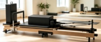 Reformer de Pilates pliable en bois d'érable noir, logo personnalisable, utilisation en salle de sport, à domicile ou en studio, design écologique, exercice de musculation
