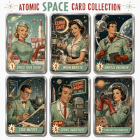 Tarjetas Coleccionables Metálicas Impresas con Diseño Espacial Atómico, Retro, Astronauta, Cohete, Robot, OVNI, Souvenir, Venta al Por Mayor