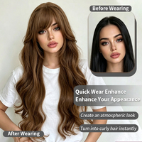 Peluca sintética de fibra de alta temperatura de 30 pulgadas, color marrón ceniza, con ondas profundas, flequillo de aire, línea de cabello natural, sin pegamento, con gorro de malla de rosas, resistente al calor.