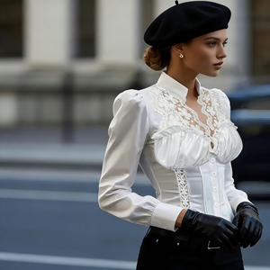 Vente flash sur Temu : chemisier élégant en dentelle blanche pour femme, manches bouffantes, col montant, coupe ajustée, top tendance. - Product Image 4