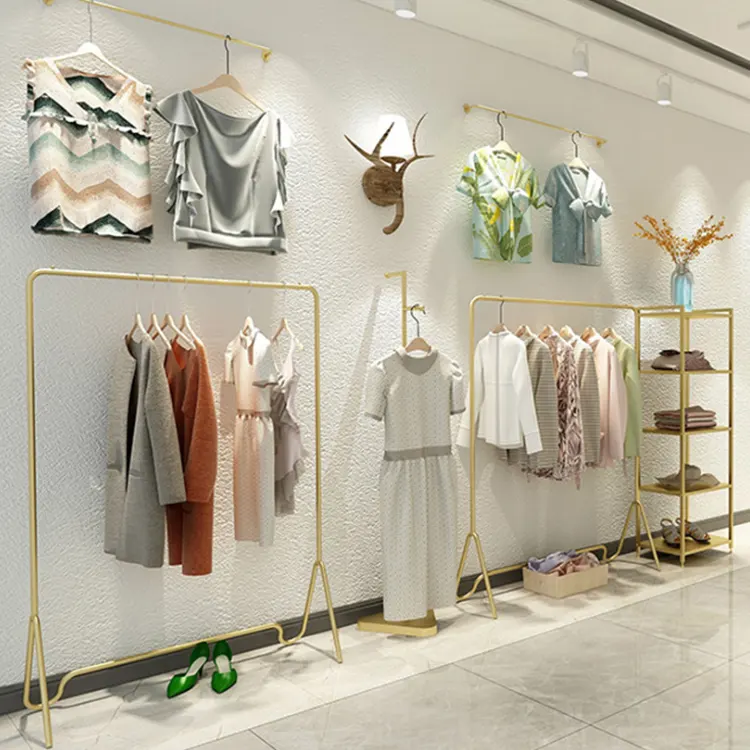 Women Garment Shop Metal Display Stand Racks Gold Clothes Wall Rack Interior Design Showroom Furniture