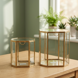 Modern Polygon Glass <b>Storage</b> <b>Box</b> With Brass Frame Transparent Design <b>For</b> Home <b>Decor</b> - Product Image 3