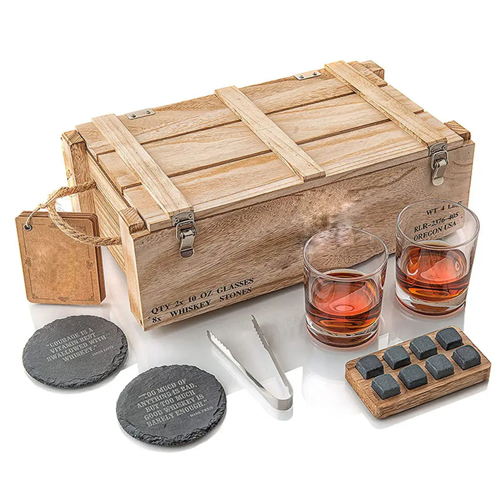 Whiskey lạnh Ice Cube, giá Stones gỗ và món quà thủy tinh gỗ Box Set Granite Whisky làm mát đá với kính Set/