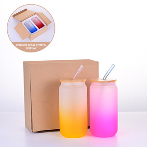 Bán buôn 12oz 16oz rõ ràng Frosted Gradient màu thăng hoa khoảng trống thủy tinh Mason Jar bia có thể cốc thủy tinh với nắp tre và rơm - Product Image 2