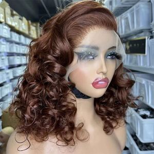 Perruque synthétique transparente 13x4 pour femme, petites boucles africaines, marron/café, cheveux courts bouclés, ligne de cheveux naturelle, coiffage libre - Product Image 2
