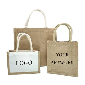 Ucuz lamine jüt çanta çuval bezi yeniden kullanılabilir çevre dostu keten alışveriş taşıma çantası özel logo ile süblimasyon baskı çantası