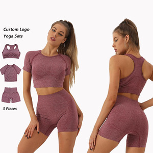 Vêtements de sport de yoga pour femmes 3 pièces Plus Size Gym <span class=keywords><strong>Fitness</strong></span> Sets Seamless Sexy Bra Dotted <span class=keywords><strong>Crop</strong></span> <span class=keywords><strong>Top</strong></span> Tummy Control Push Up Shorts - Product Image 1