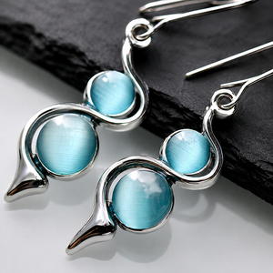 Orecchini pendenti vintage bohémien a onda curva blu mare, regali per feste da donna - Product Image 5