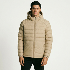 Veste matelassée décontractée en coton pour homme avec capuche, rembourrage bulle, couleur unie, col montant, fermeture éclair et design en toile, teinture unie - Product Image 1