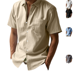 Wholesale <b>Men's</b> Casual <b>Linen</b> <b>Shirt</b> Summer Turn-down Collar Single Button <b>Short</b> <b>Sleeve</b> Solid Color Breathable Customized Colors - Product Image 4