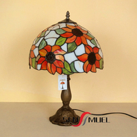 Lampe de table/bureau LED style Tiffany rétro européen, abat-jour en verre mosaïque coloré motif tournesol