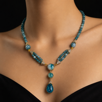 Kalung Batu Alam Biru Mewah Berhias Manik-Manik untuk Wanita, Rantai Paduan Logam, Perhiasan Multi Strand, Rantai dan Liontin Kustom