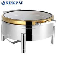 XINGPAI Réchaud de buffet rond en acier inoxydable doré avec couvercle en verre transparent, chauffe-plats de luxe pour hôtels cinq étoiles