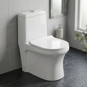 WC monobloc en céramique de style américain, à siphon en S, forme d'œuf, avec rebord doré, à poser au sol - Product Image 2