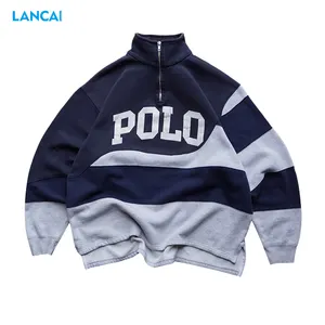 2024 Custom Logo Zip-Up Polo Hoodies Voor Mannen Oversized Stijl Zeefdruk Kleurblok Met No-Capuchon Voor Mannen Van Hoge Kwaliteit