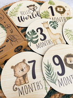Safari Animaux Nouveau-né Cartes Milestone en bois Cadeau de douche de bébé Disques en bois mensuels Hello World Milestone Grossesse