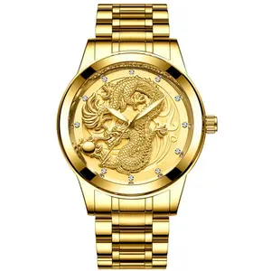 Montre de marque en acier inoxydable pour hommes, bracelet lumineux, Quartz, diamant, or, Dragon, poignet, excellente qualité