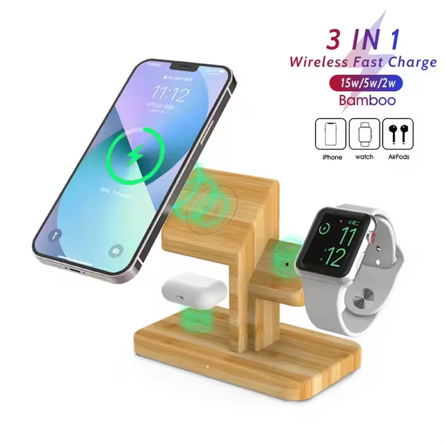 Best Price Bamboo 3 in 1 Wireless Charging Station 15W Wireless Charger Customizable Logo 15w Fast Wireless Charging