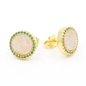 hot sale natural bright drusy earrings gemstone gold plated agate druzy earring stud pave CZ diamonds jewelry for girl gifts