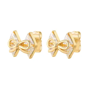 Anting-anting kancing pita warna emas, perhiasan anting-anting dasi batu CZ logam, anting-anting bergaya untuk wanita anak perempuan